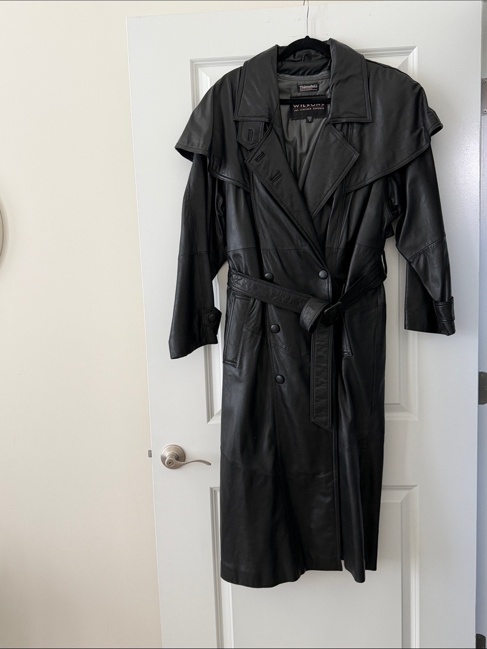 Wilsons Leather Black Double-Breasted Leather Trench Coat